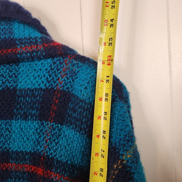 Vintage 1980s Oversized Knit Cardigan Sweater Blue Plaid Shawl Collar Preppy - Picture 10 of 10